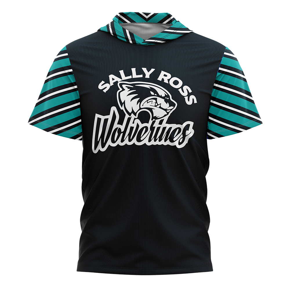 Black hoodie with teal and white striped sleeves and 'Sally Ross Wolverines' text on a white background