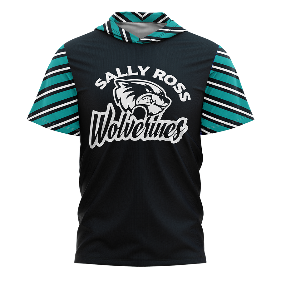 Black hoodie with teal and white striped sleeves and 'Sally Ross Wolverines' text on a white background