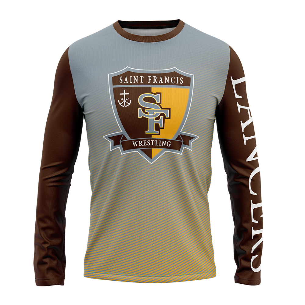Long-sleeve shirt with Saint Francis Wrestling logo on a white background