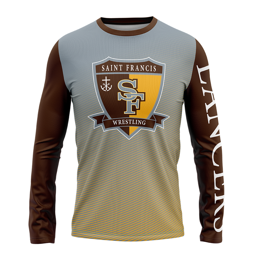 Long-sleeve shirt with Saint Francis Wrestling logo on a white background