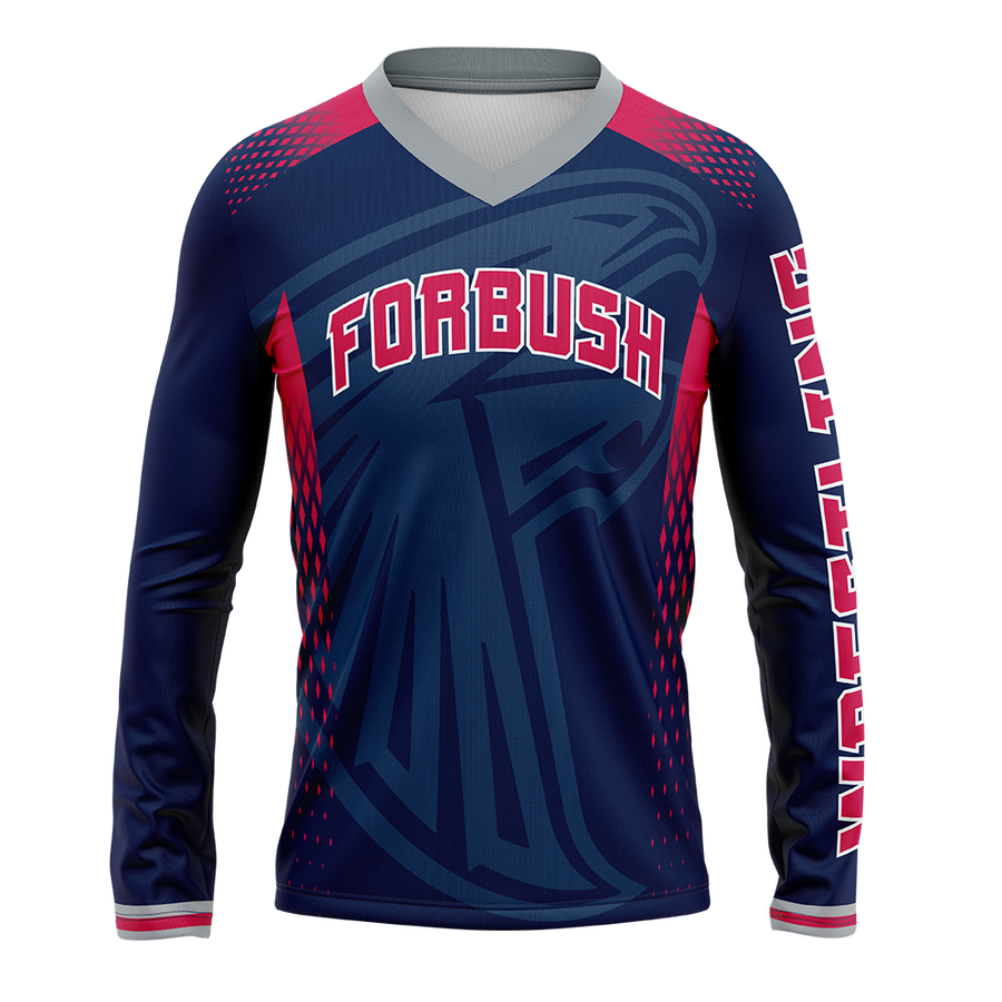 Long-sleeve shirt with 'FORBUSH' branding on a white background