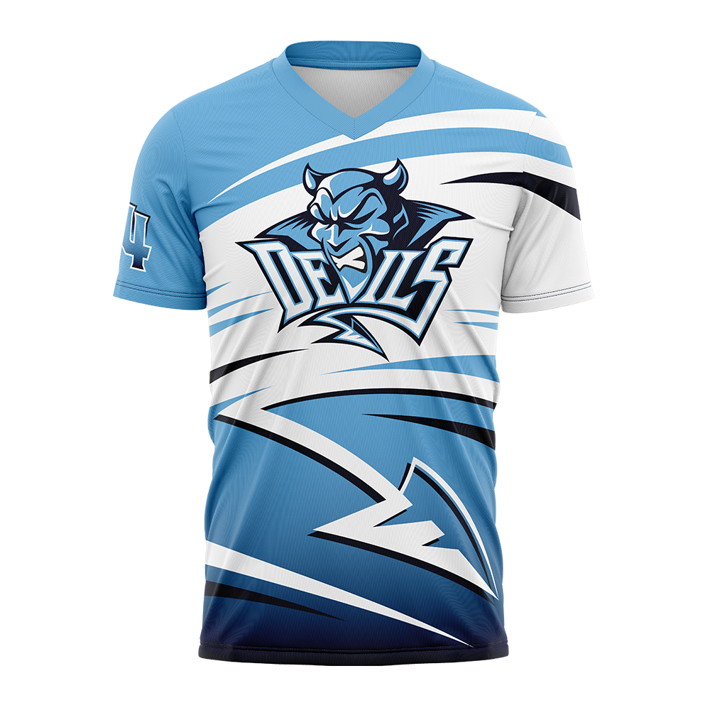 Blue and white sports jersey with a logo on a white background