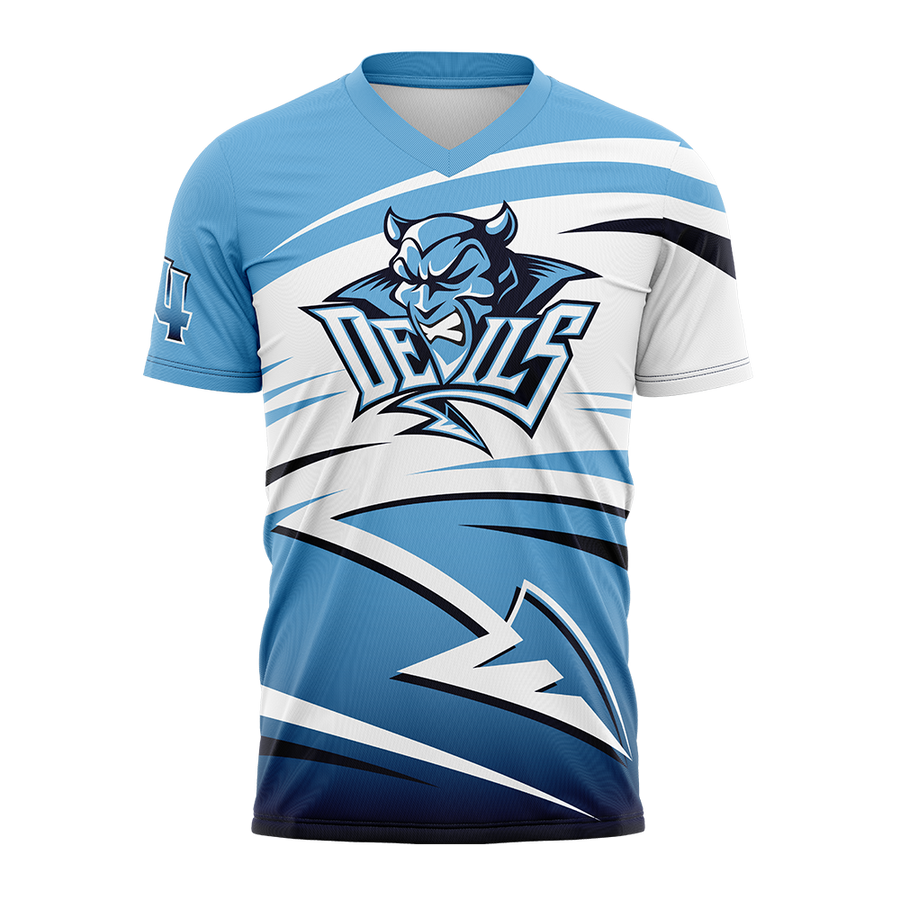 Blue and white sports jersey with a logo on a white background