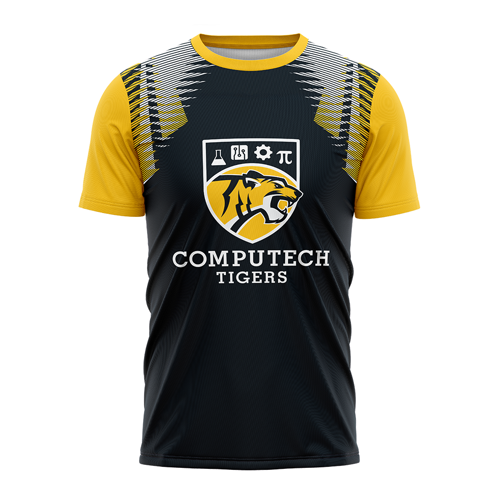 Black and yellow sports jersey with 'Computech Tigers' logo on a white background