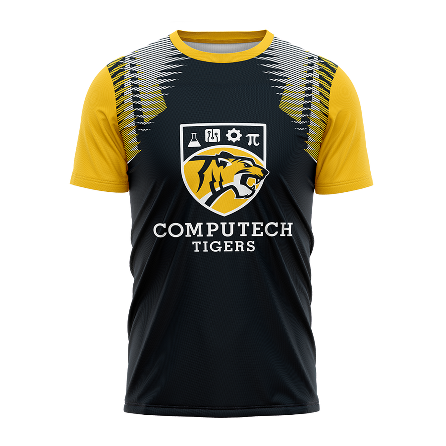 Black and yellow sports jersey with 'Computech Tigers' logo on a white background