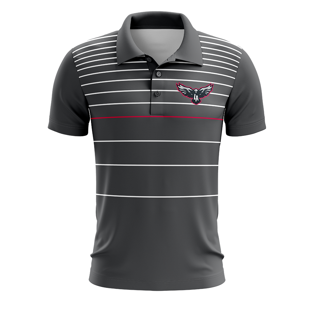 Gray polo shirt with white and red stripes and a logo on a white background