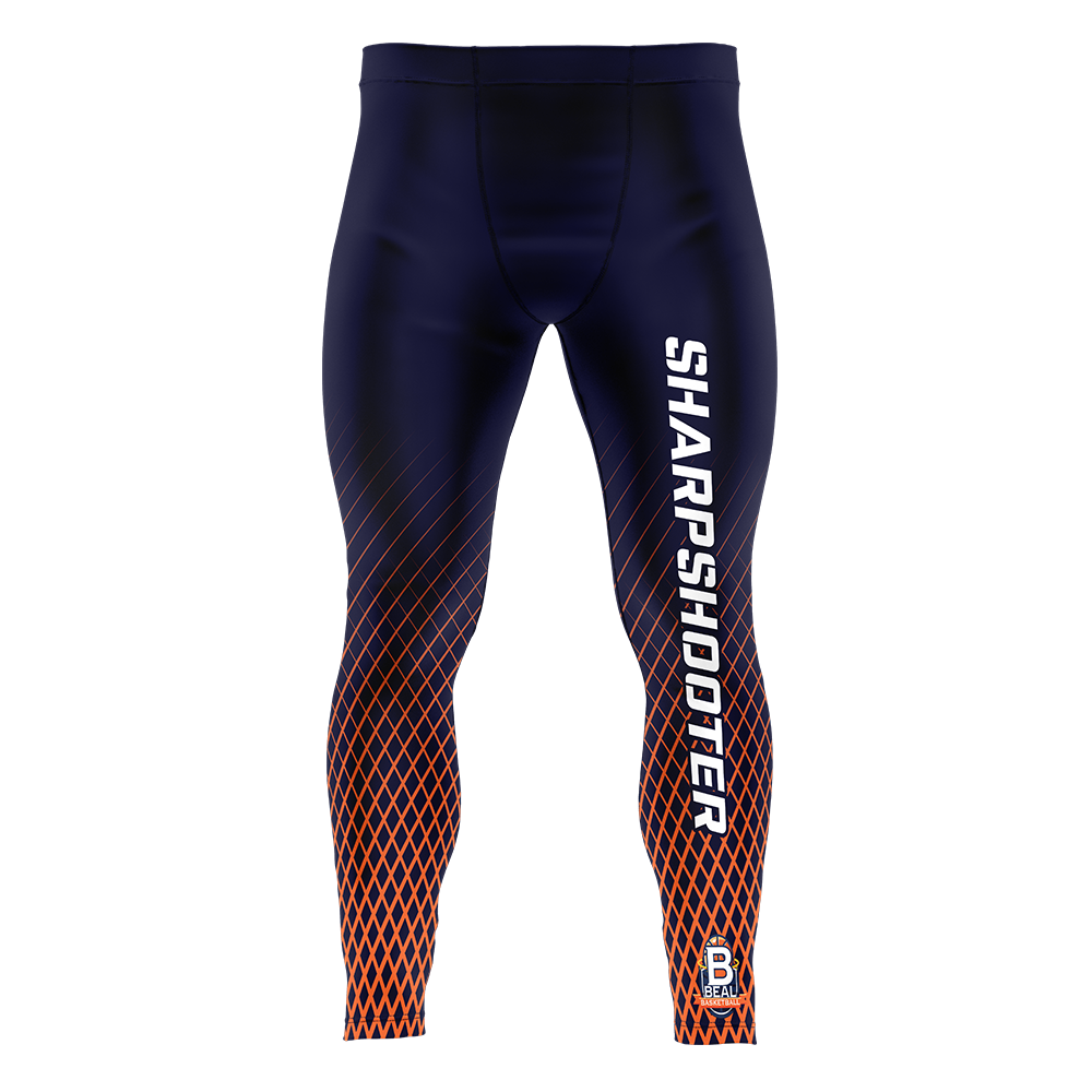 Navy and orange leggings with 'Sharpshooter' branding on a white background