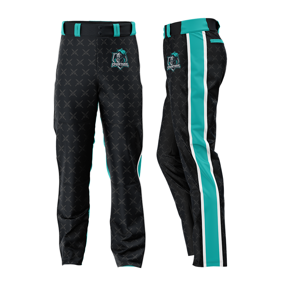 Black pants with teal and white accents and a logo on a white background