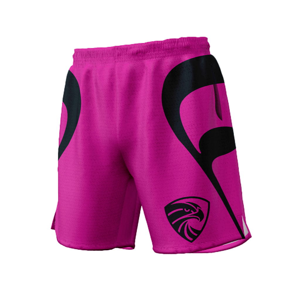Pink shorts with black logo on a white background