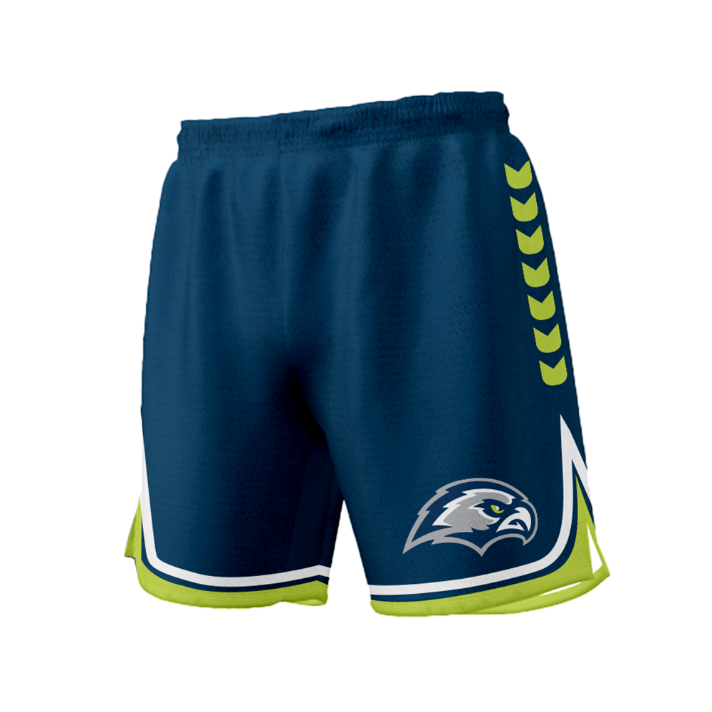 Blue shorts with green accents and a logo on a white background