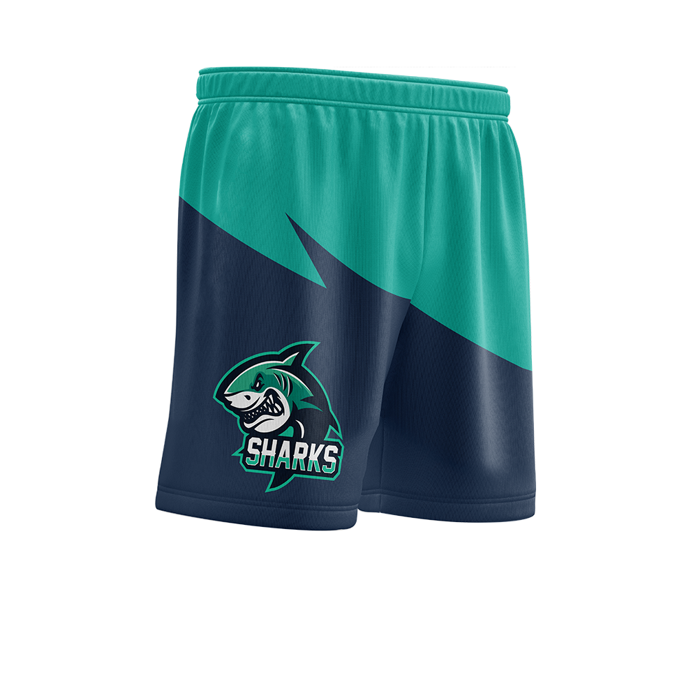 Teal and navy shorts with 'Sharks' logo on a white background