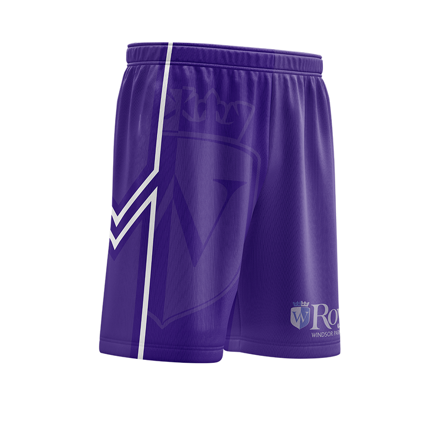 Purple shorts with a watermarked logo on a white background