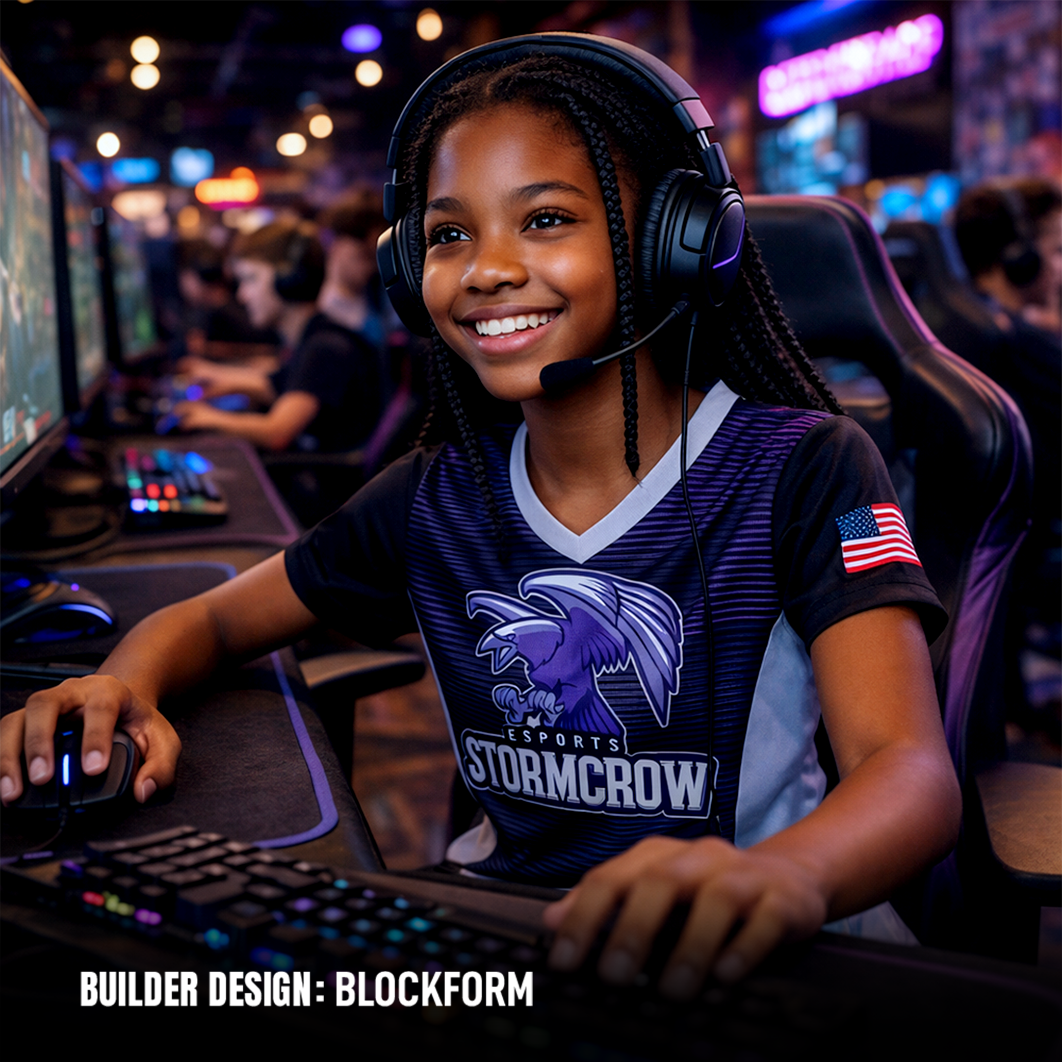 Child wearing a gaming headset and shirt with 'Stormcrow' logo in a competitive gaming environment.