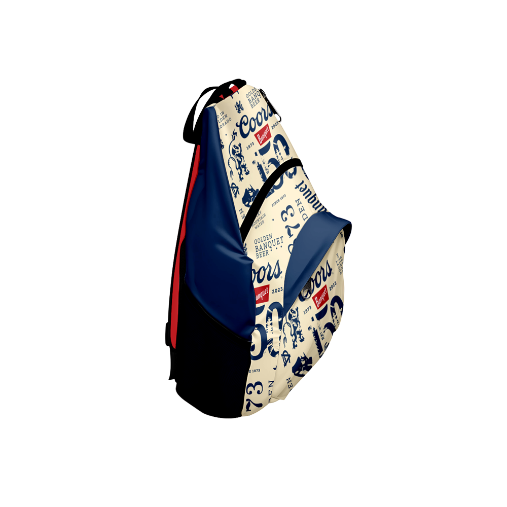 A beer-branded backpack with a single strap and a padded waist strap, featuring a red, white, and blue color scheme.