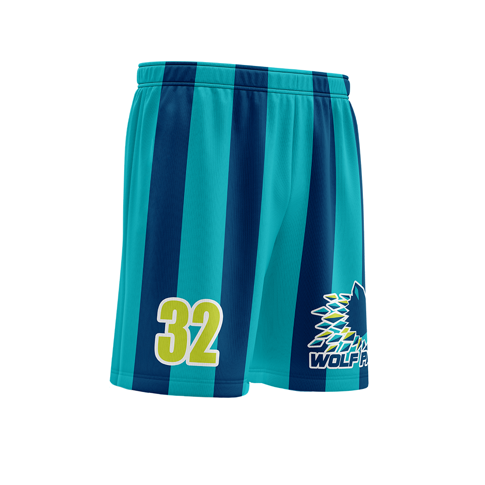 Teal and blue striped shorts with number 32 and logo on a white background