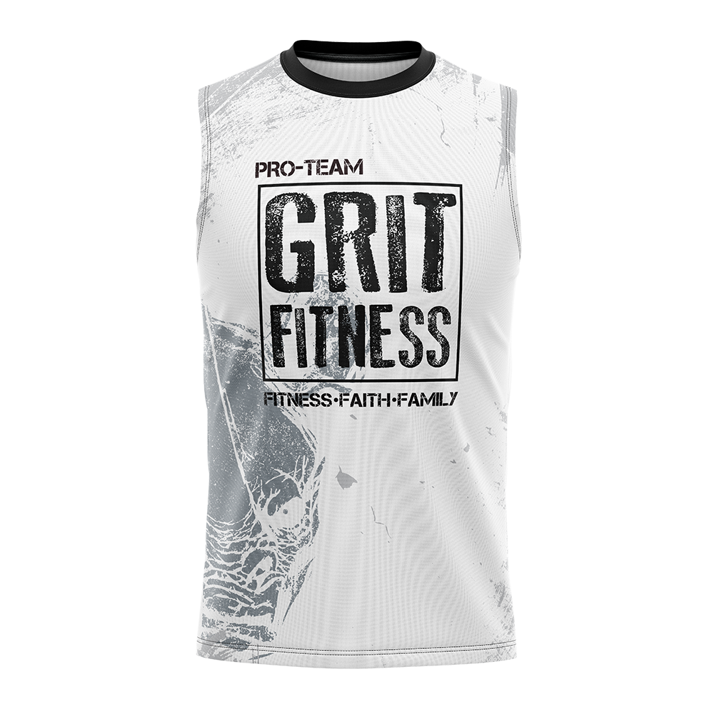 White sleeveless shirt with 'GRIT FITNESS' text on a white background