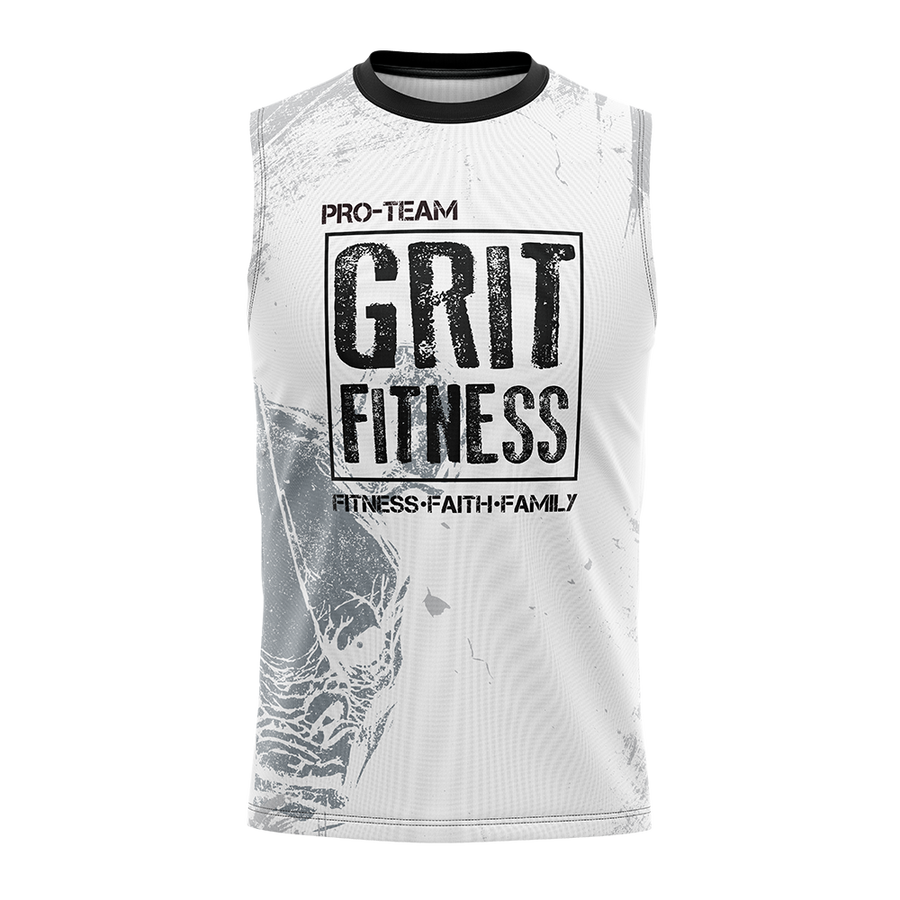 White sleeveless shirt with 'GRIT FITNESS' text on a white background
