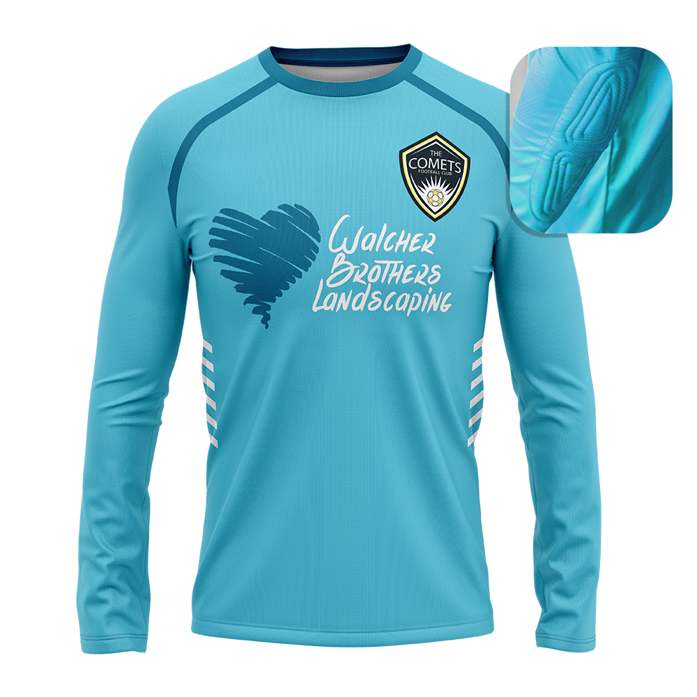 Light blue long-sleeve shirt with a logo and text on a white background