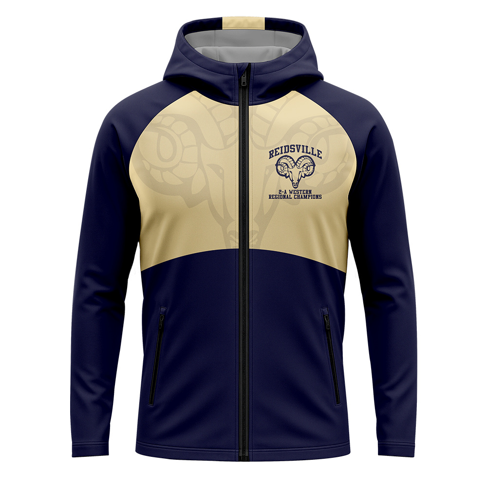 Navy and cream hoodie with a logo on the chest against a white background