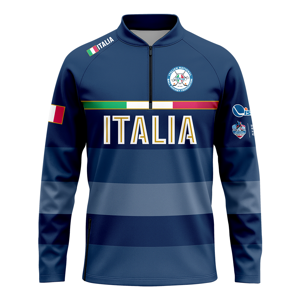 Blue long-sleeve top with 'Italia' text and Italian flag on a white background