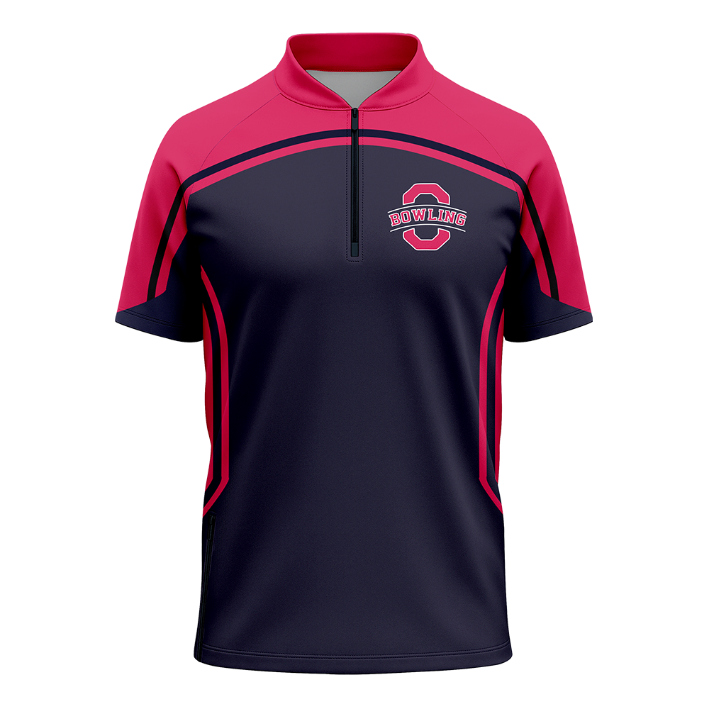 Navy and red sports shirt with a logo on a white background