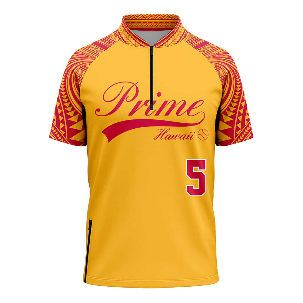 Yellow sports top with red and black patterns and 'Prime Hawaii' branding on a white background