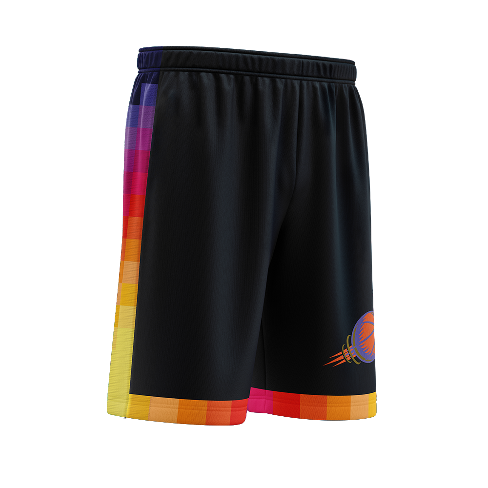 Black shorts with colorful side panels and a logo on a white background