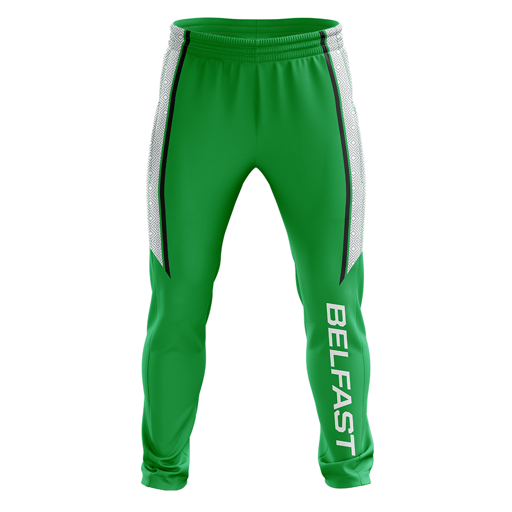 Green jogger pants with 'Belfast' text on a white background