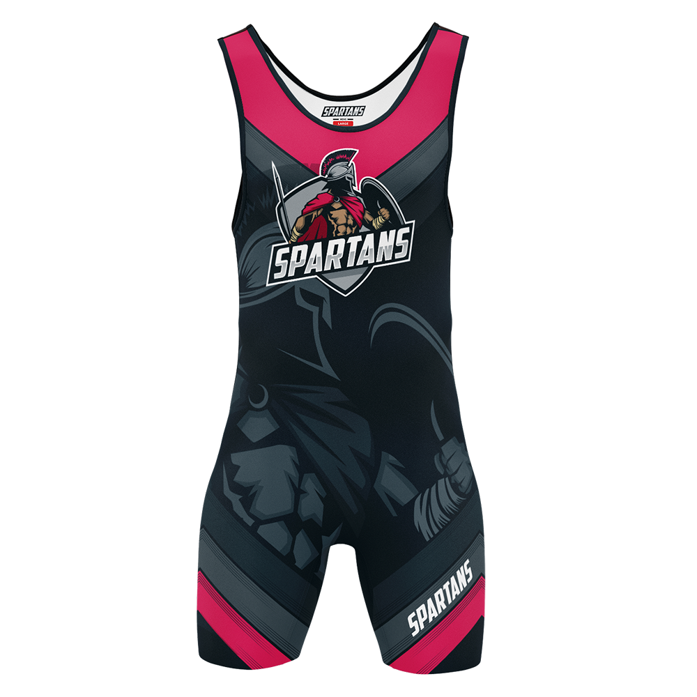 Spartan wrestling singlet with red and black design on a white background