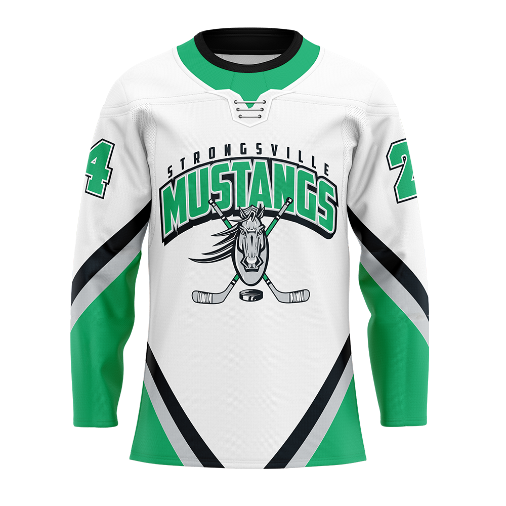 Hockey jersey with 'Strongsville Mustangs' logo on a white background