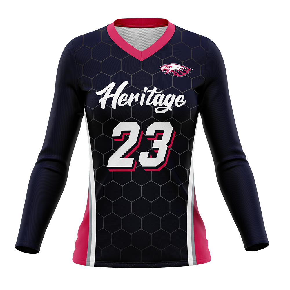 Long-sleeve sports jersey with text, number and logo on a white background