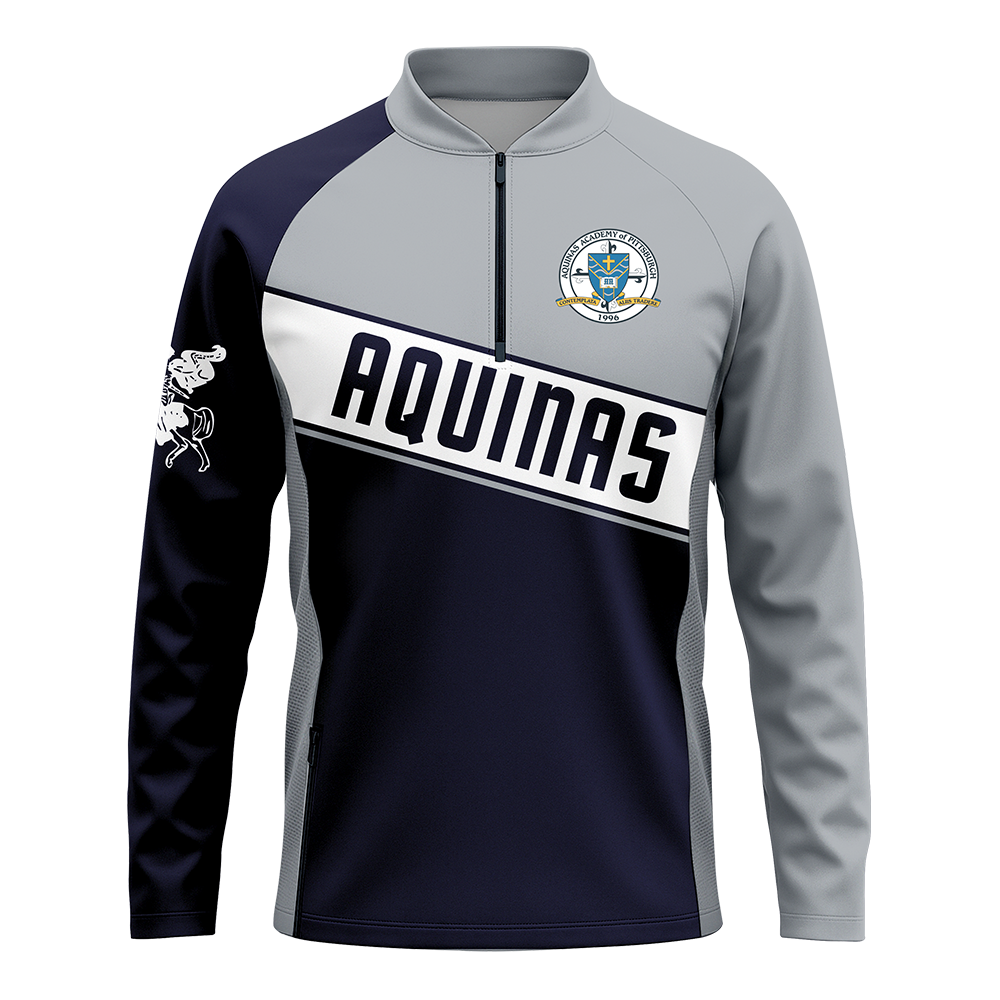 Navy and gray long-sleeve shirt with 'Aquinas' branding on a white background