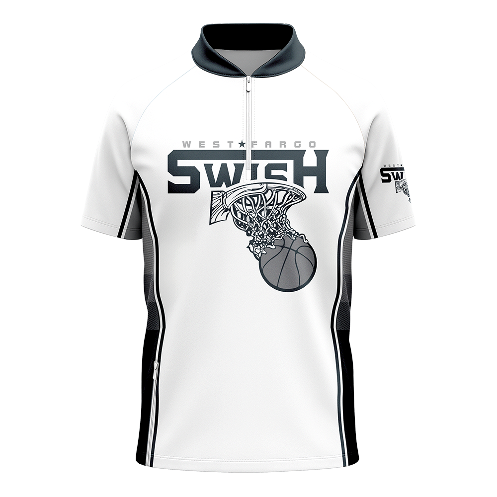 White sports top with black and gray design on a white background