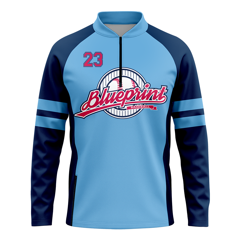 Light blue and navy long-sleeve shirt with 'Blueprint' logo and number 23 on a white background