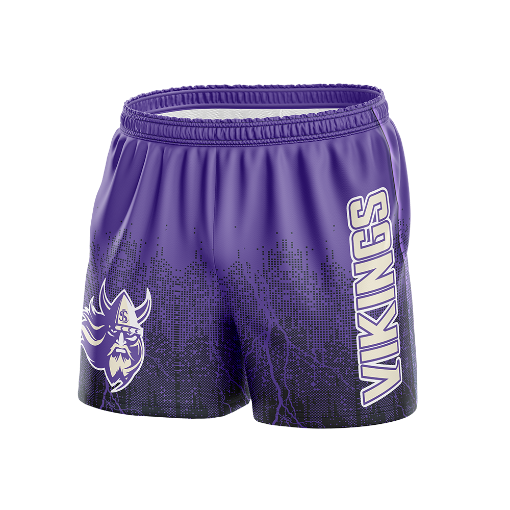 Purple shorts with 'Vikings' text and logo on a white background