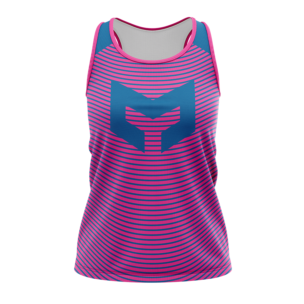 Pink and blue striped tank top with a logo on a white background