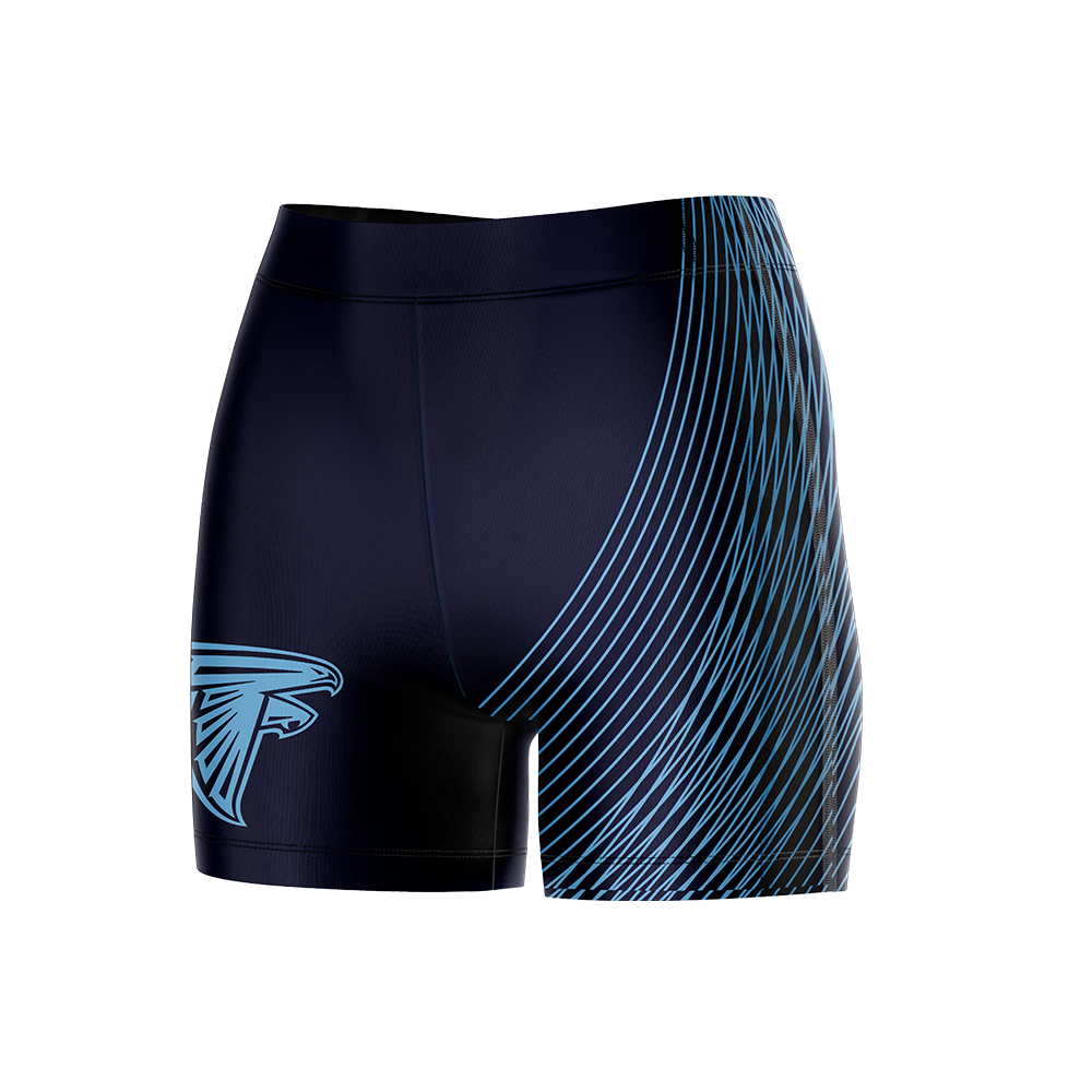 Black athletic shorts with blue design on a white background