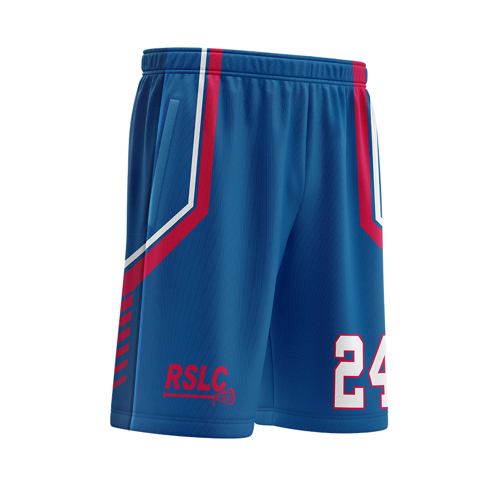 Blue athletic shorts with red and white accents on a white background