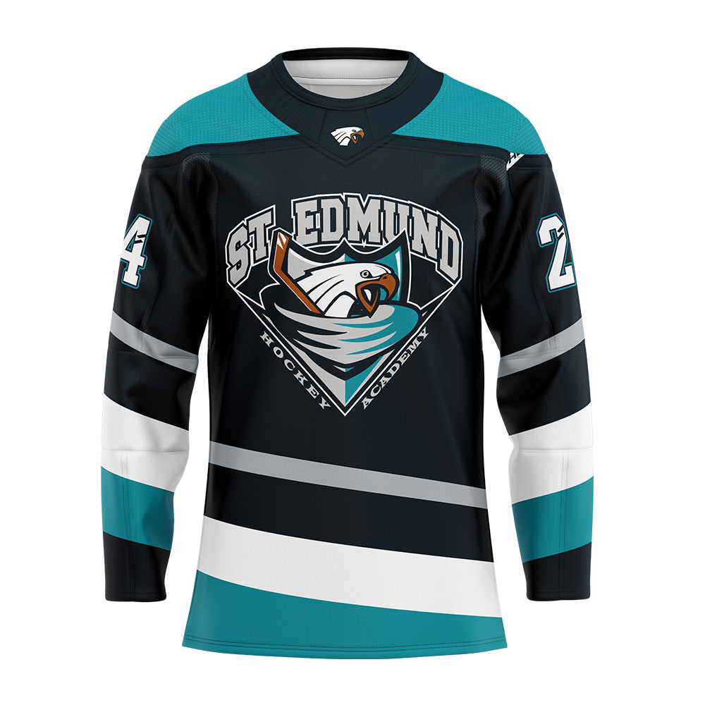 Hockey jersey with St. Edmund Hockey Academy logo on a white background