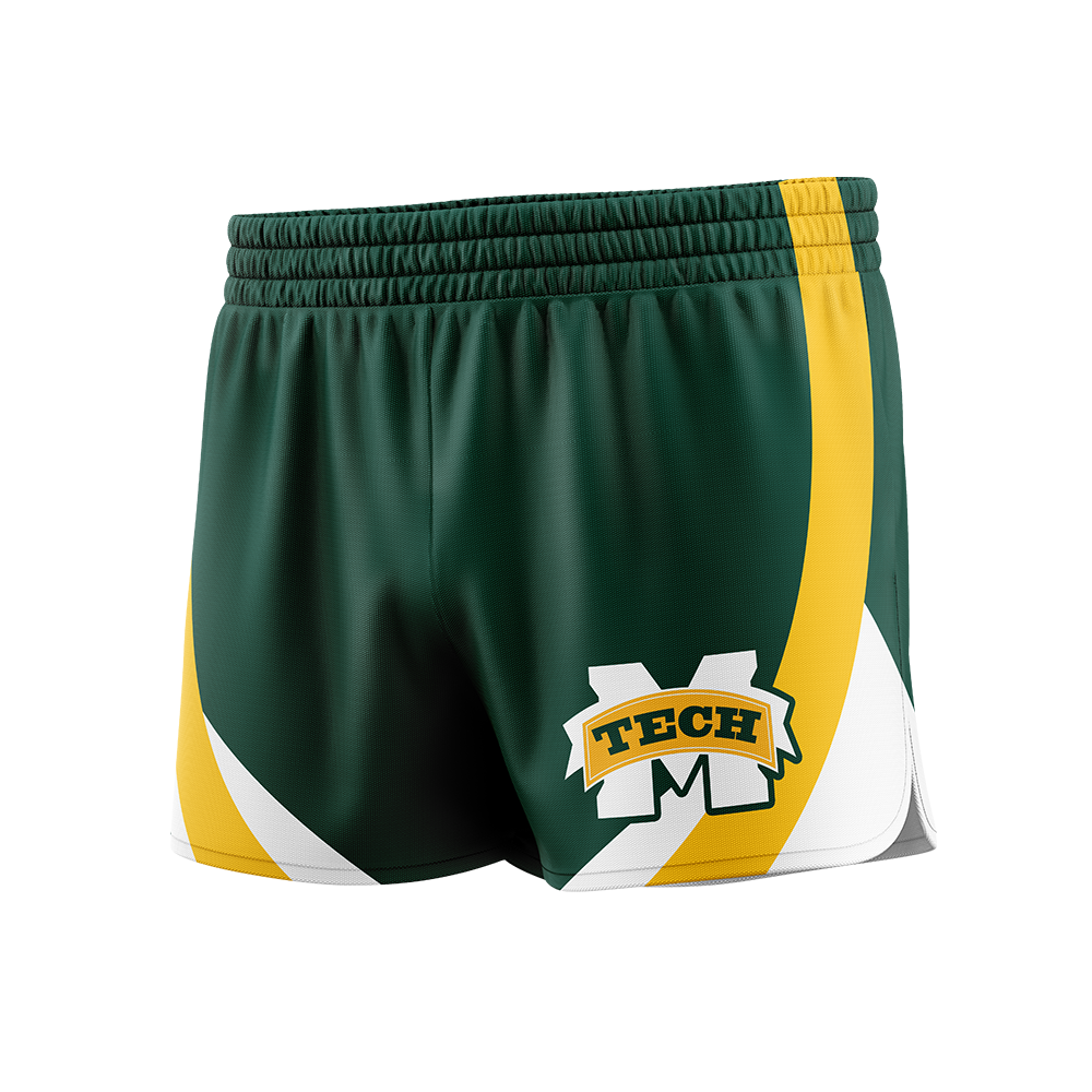 Green athletic shorts with yellow and white accents on a white background