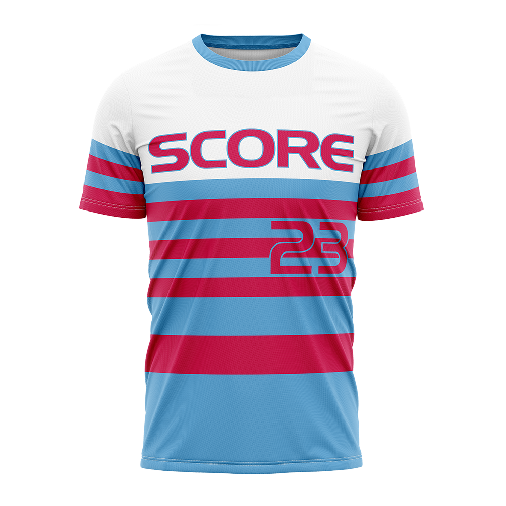 Striped t-shirt with 'SCORE' and number '23' on a white background