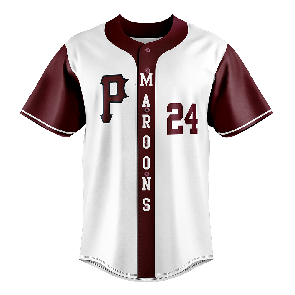 Baseball jersey with maroon and white design on a white background