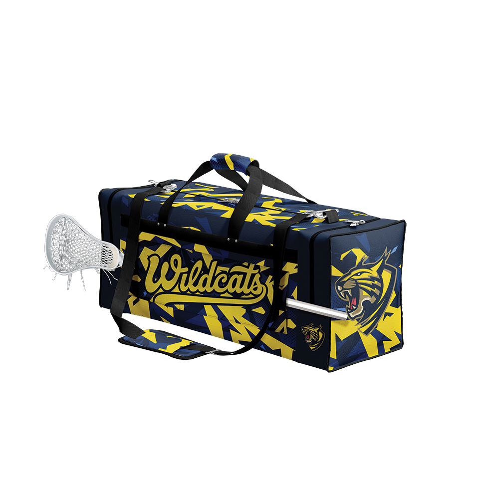 A rectangular black and blue sports bag with 'Wildcats' text and a stylized cat graphic, featuring a shoulder strap and a side sleeve holding a lacrosse stick.