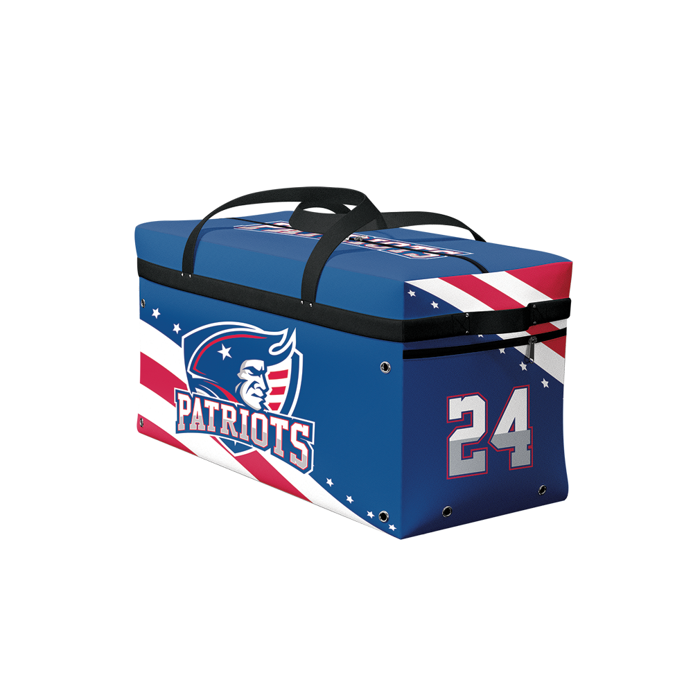 A large hockey bag with a themed design featuring the number 24 and the name PATRIOTS, predominantly in red, white, and blue colors with a star pattern on the side.