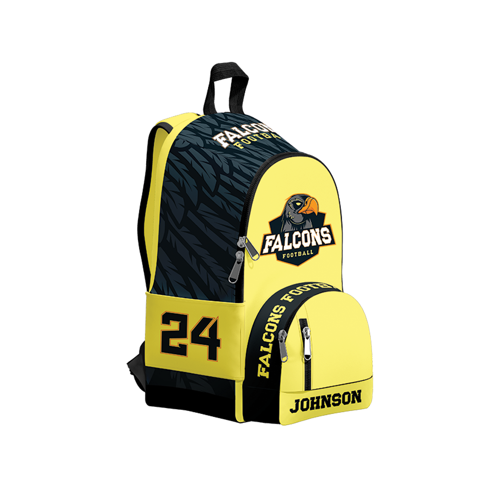 Yellow and black backpack with 'Falcons Football' branding on a white background