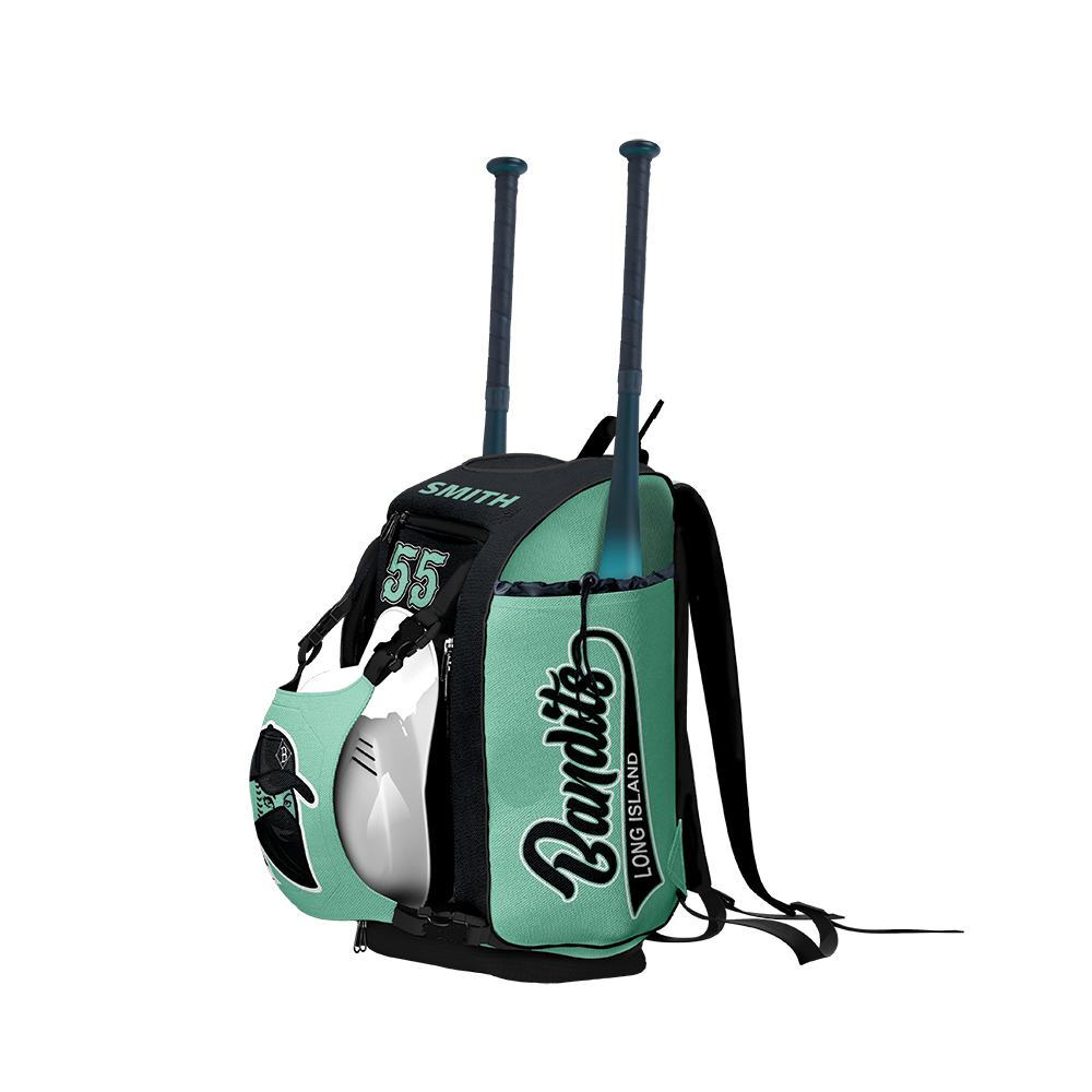 A green and black multi-sport backpack with a baseball bats slotted into the side pockets, branded for 'Bandits Long Island'.