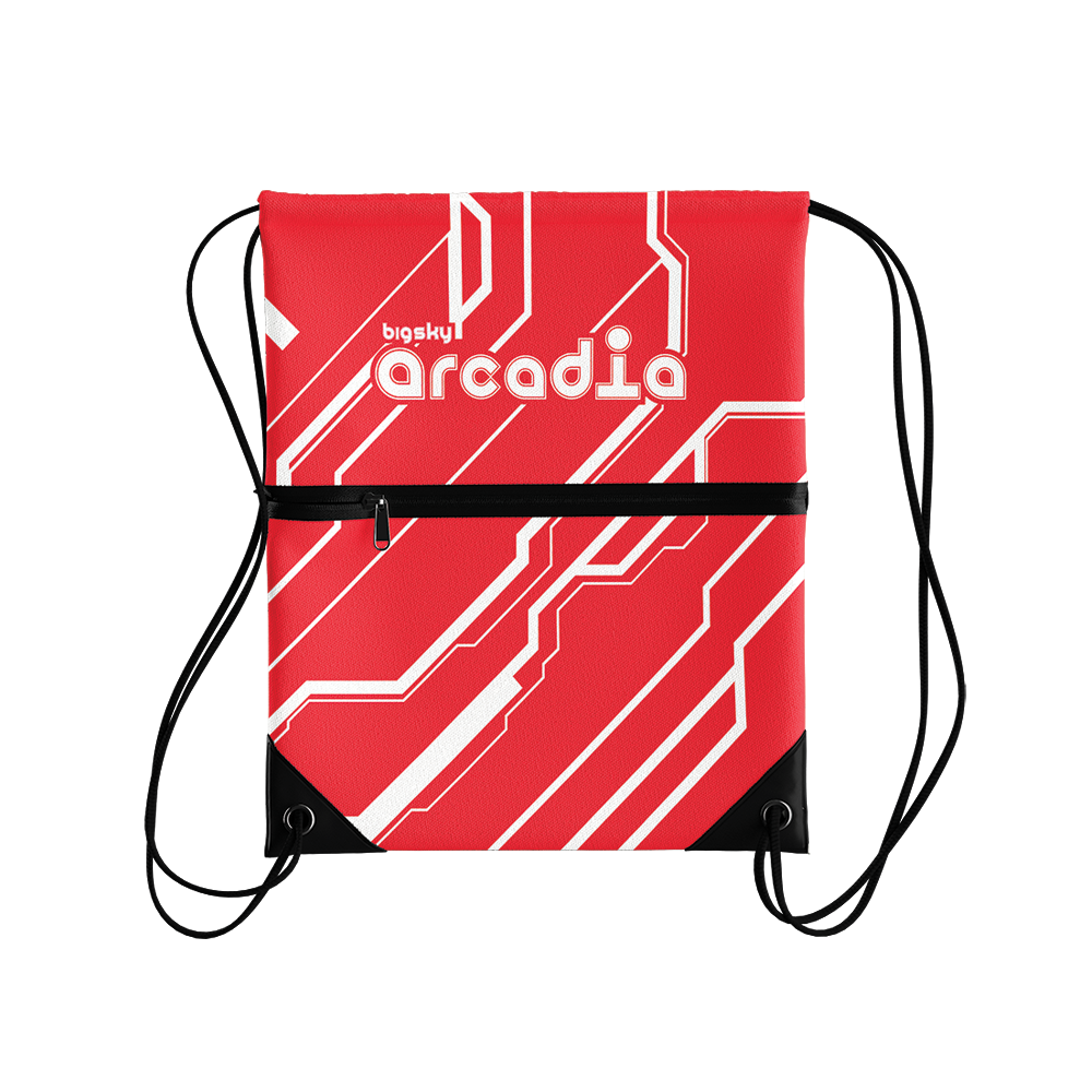 A red cinch bag with white geometric patterns and the text 'Arcadia' on the top side.