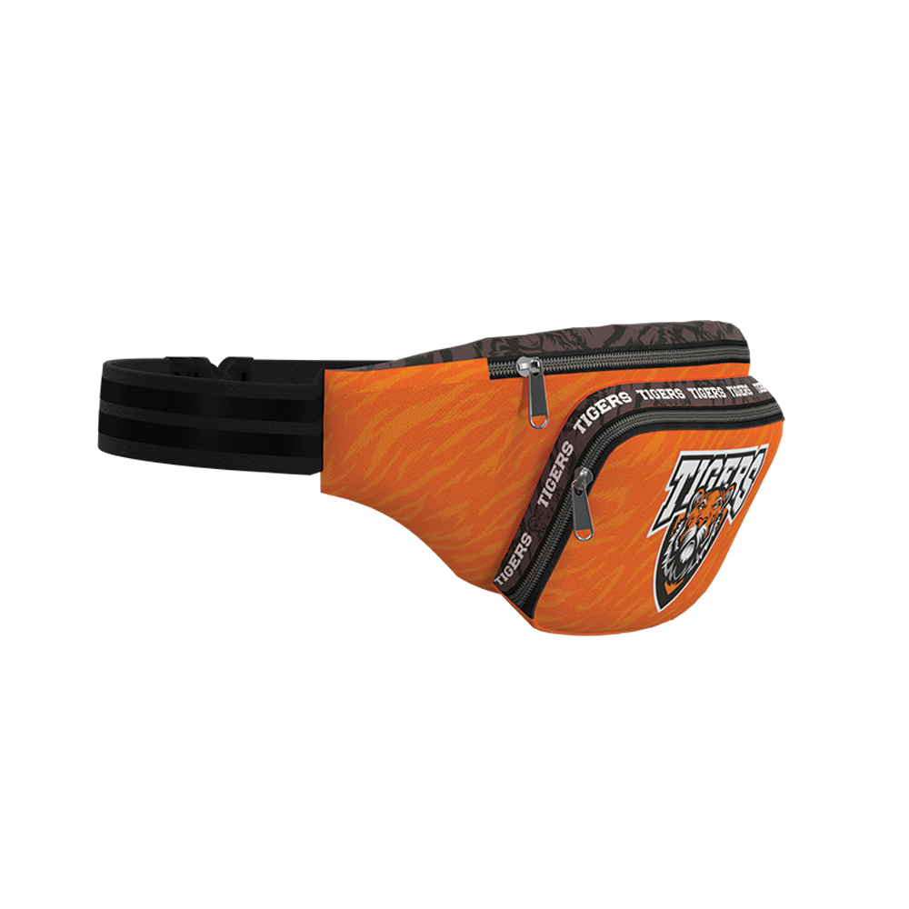 A fanny pack with an orange front, black strap, and a logo on the front pocket.