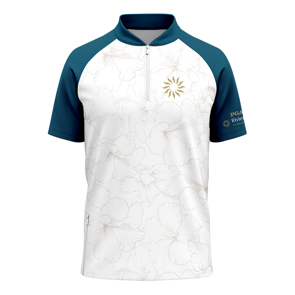 White and blue shirt with a logo on a white background