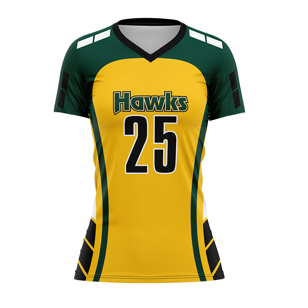 Yellow sports jersey with green accents and 'Hawks' branding on a white background